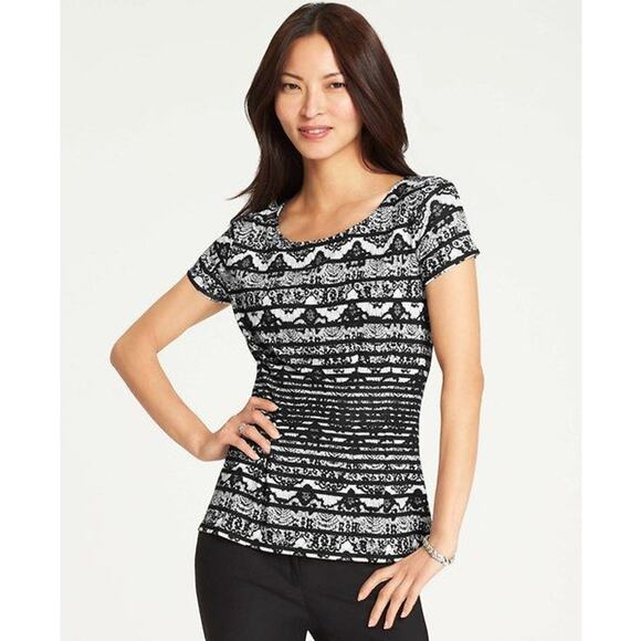 Ann Taylor Stretch Blouse Delicate Lace Print Peplum top - Fluted Bottom SZ S - Picture 1 of 10